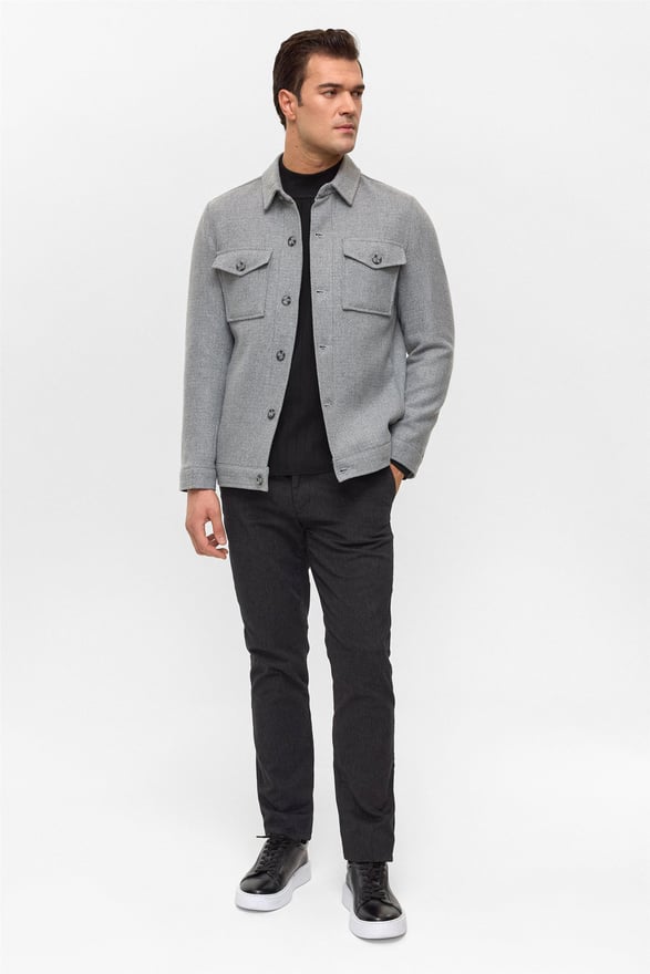 Gri Slim Desenli Klasik Yaka Mont