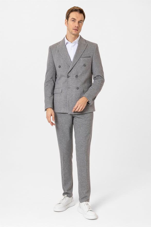 Gri Slim Desenli Kruveze Yaka 6 Drop Takım Elbise