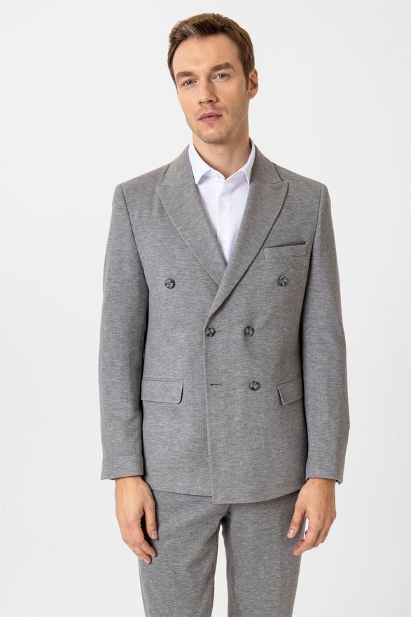 Gri Slim Desenli Kruveze Yaka 6 Drop Takım Elbise