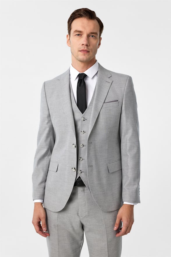 Gri Slim Desenli Mono Yaka 6 Drop Yelekli Takım Elbise