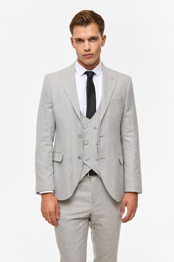 Gri Slim Desenli Sivri Yaka 6 Drop Yelekli Takım Elbise