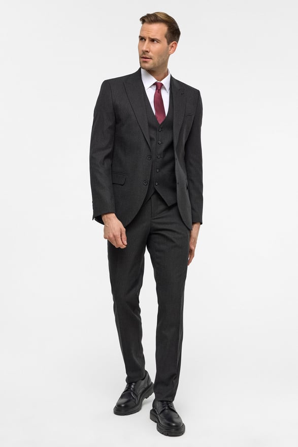 Gri Slim Desenli Sivri Yaka 6 Drop Yelekli Takım Elbise