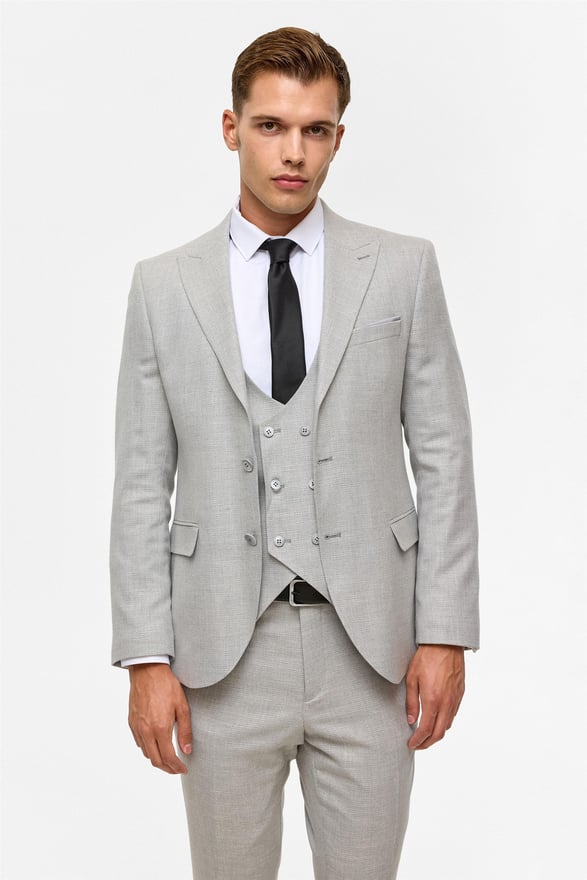 Gri Slim Desenli Sivri Yaka 6 Drop Yelekli Takım Elbise