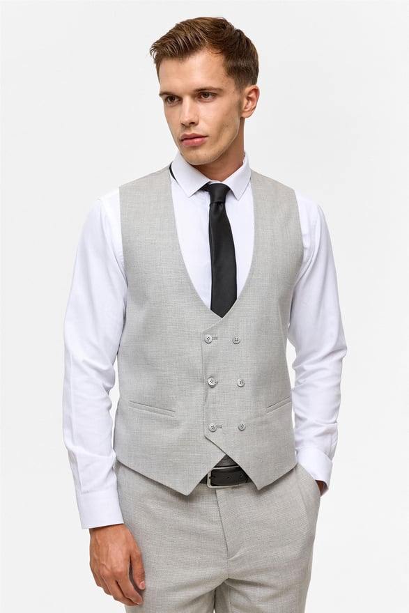 Gri Slim Desenli Sivri Yaka 6 Drop Yelekli Takım Elbise