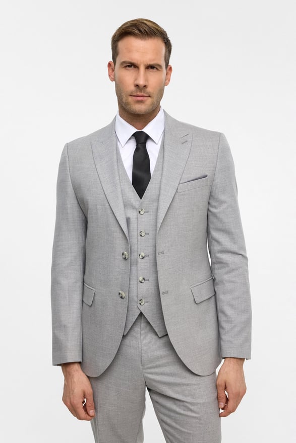 Gri Slim Desenli Sivri Yaka 6 Drop Yelekli Takım Elbise