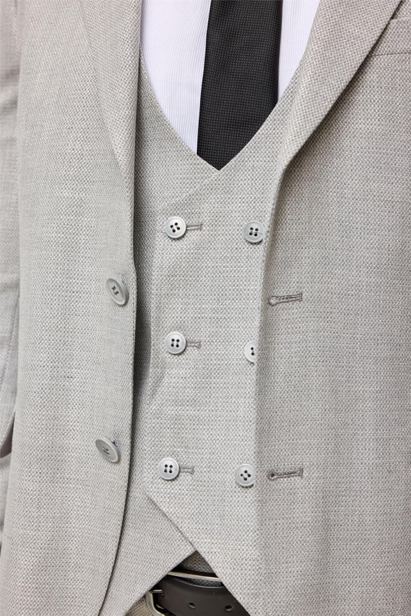 Gri Slim Desenli Sivri Yaka 6 Drop Yelekli Takım Elbise