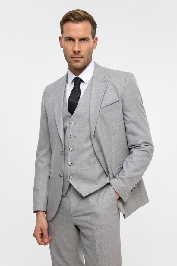 Gri Slim Desenli Sivri Yaka 6 Drop Yelekli Takım Elbise