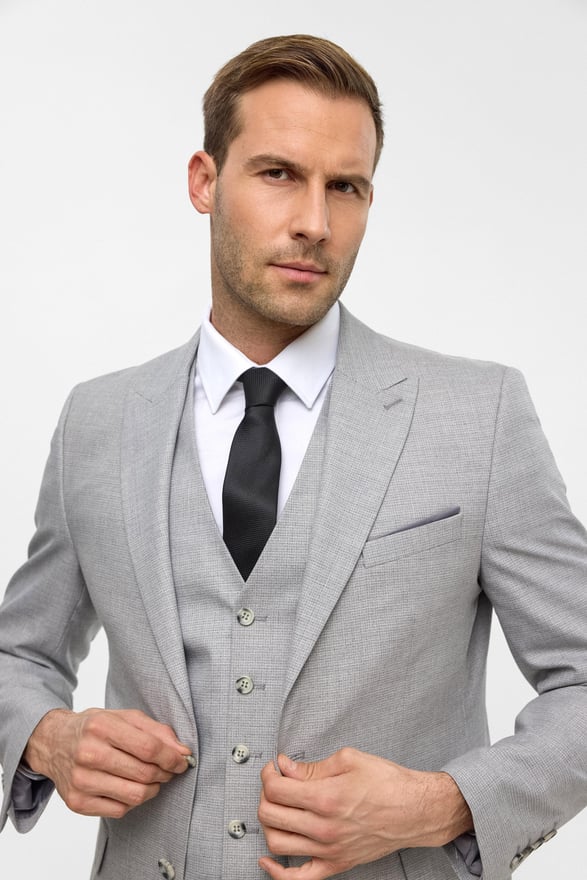 Gri Slim Desenli Sivri Yaka 6 Drop Yelekli Takım Elbise