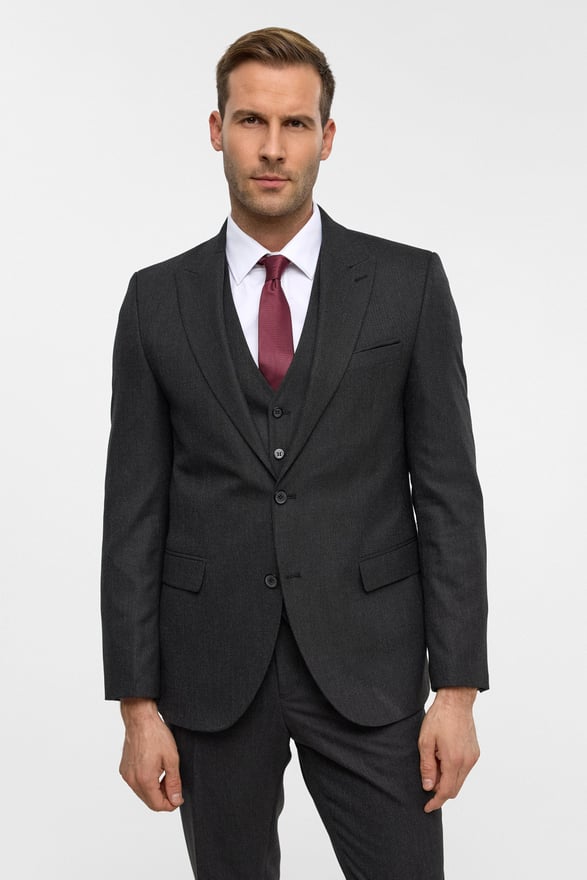 Gri Slim Desenli Sivri Yaka 6 Drop Yelekli Takım Elbise