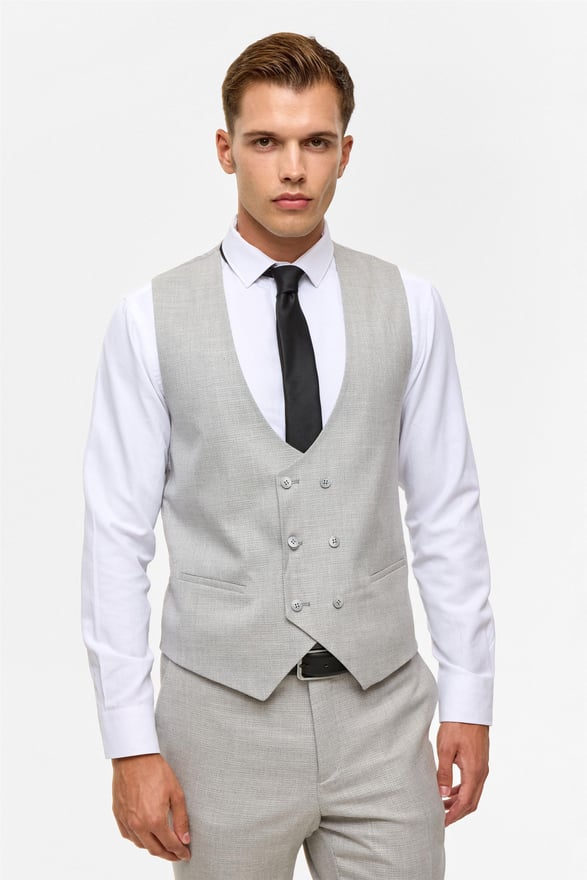 Gri Slim Desenli Sivri Yaka 6 Drop Yelekli Takım Elbise