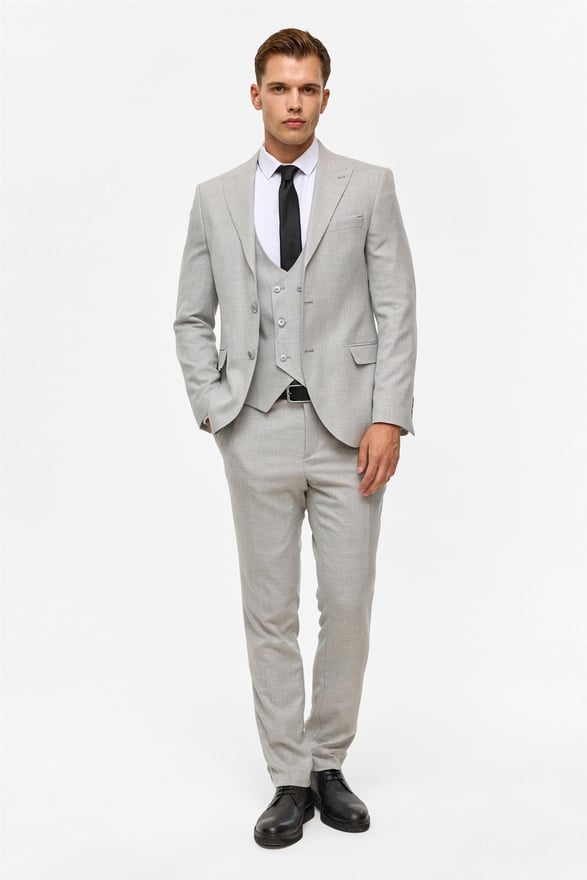 Gri Slim Desenli Sivri Yaka 6 Drop Yelekli Takım Elbise