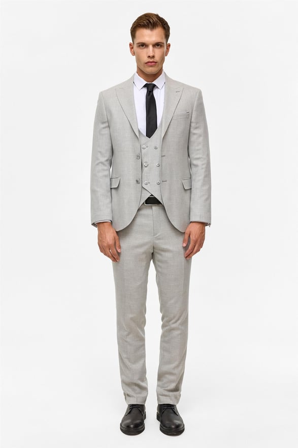 Gri Slim Desenli Sivri Yaka 6 Drop Yelekli Takım Elbise