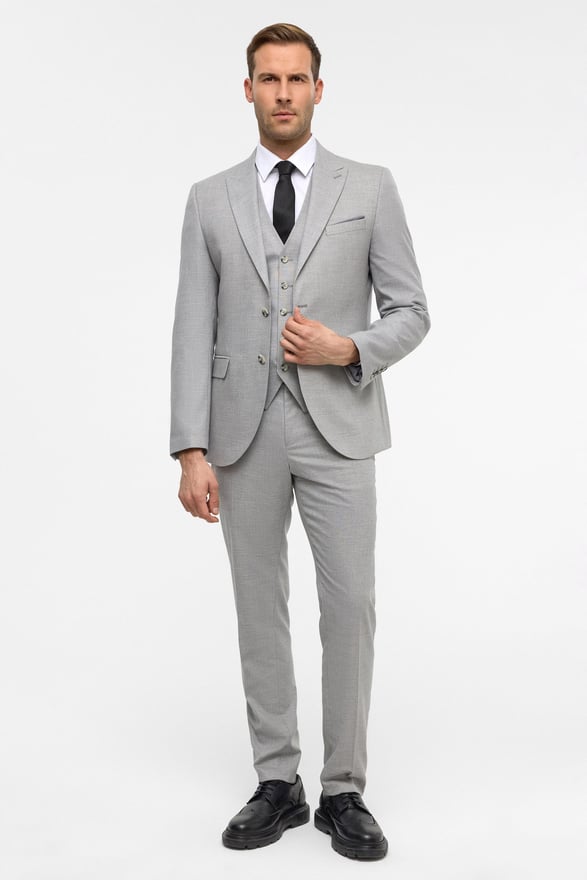 Gri Slim Desenli Sivri Yaka 6 Drop Yelekli Takım Elbise