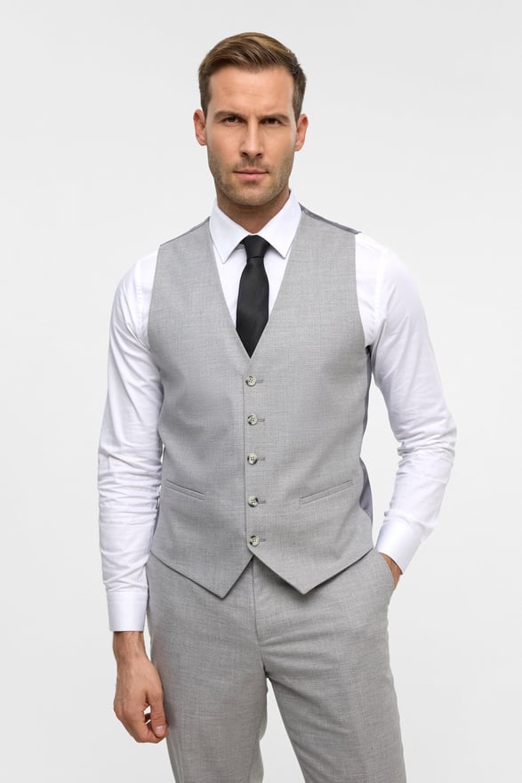 Gri Slim Desenli Sivri Yaka 6 Drop Yelekli Takım Elbise