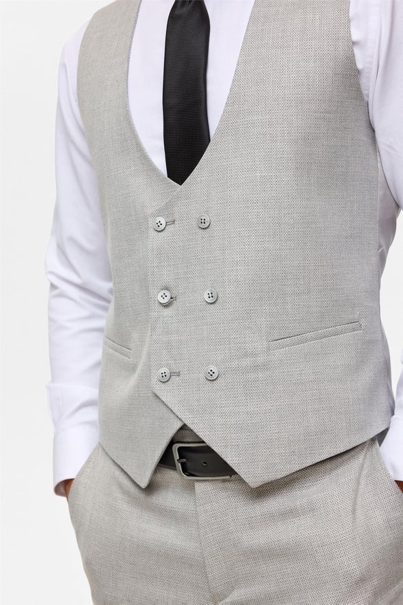 Gri Slim Desenli Sivri Yaka 6 Drop Yelekli Takım Elbise