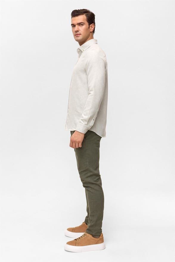 Gri Slim Düz Düğmeli Yaka Gömlek