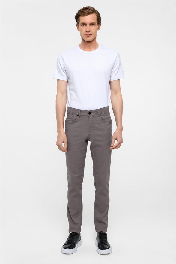 Gri Slim Fit 5 Cep Kalıp Armürlü Kanvas Pantolon