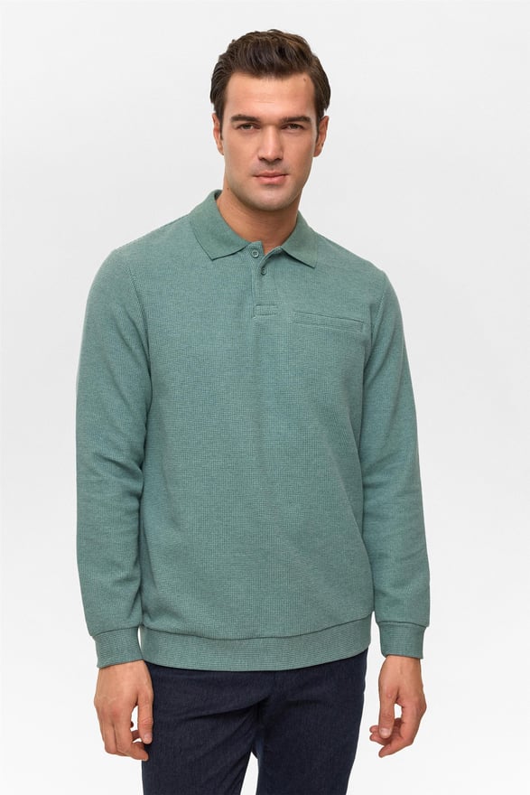 Haki Regular Armürlü Polo Yaka Sweatshirt