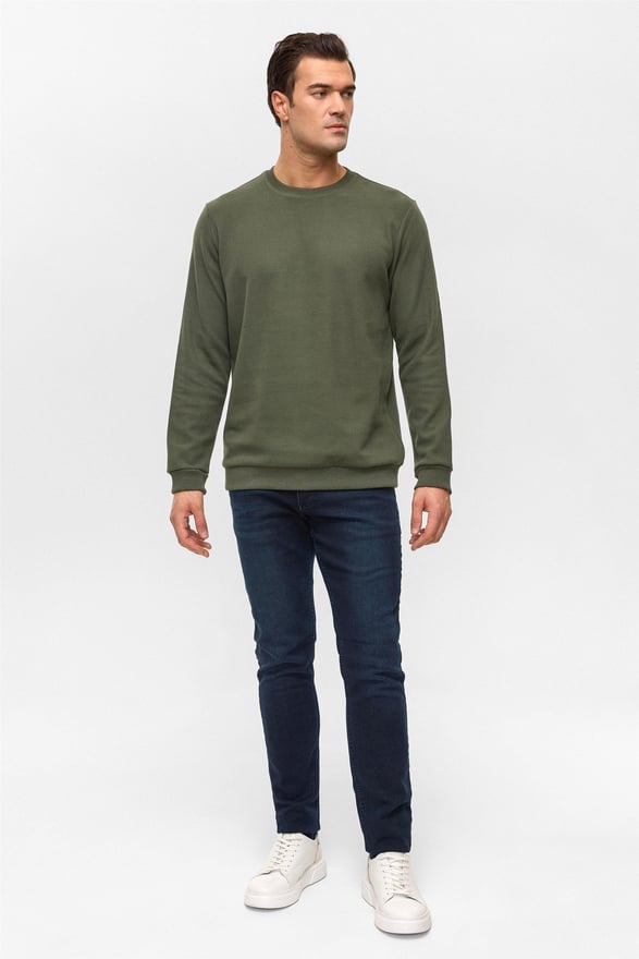 Haki Regular Düz Bisiklet Yaka Sweatshirt