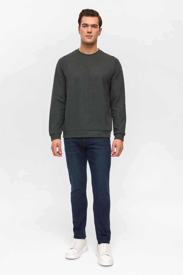 Haki Regular Düz Bisiklet Yaka Sweatshirt