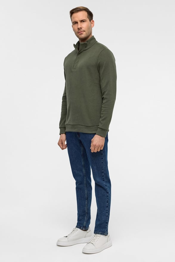 Haki Regular Düz Polo Yaka Sweatshirt