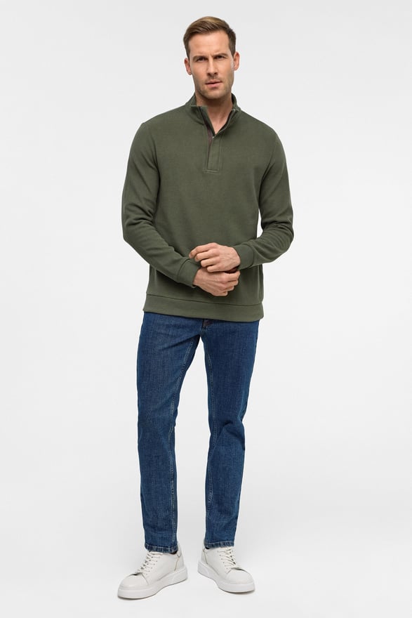 Haki Regular Düz Polo Yaka Sweatshirt