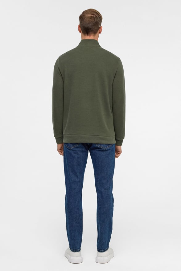 Haki Regular Düz Polo Yaka Sweatshirt