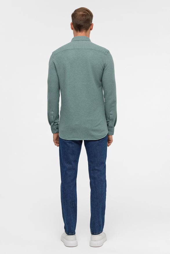 Haki Slim Armürlü Düğmeli Yaka Gömlek