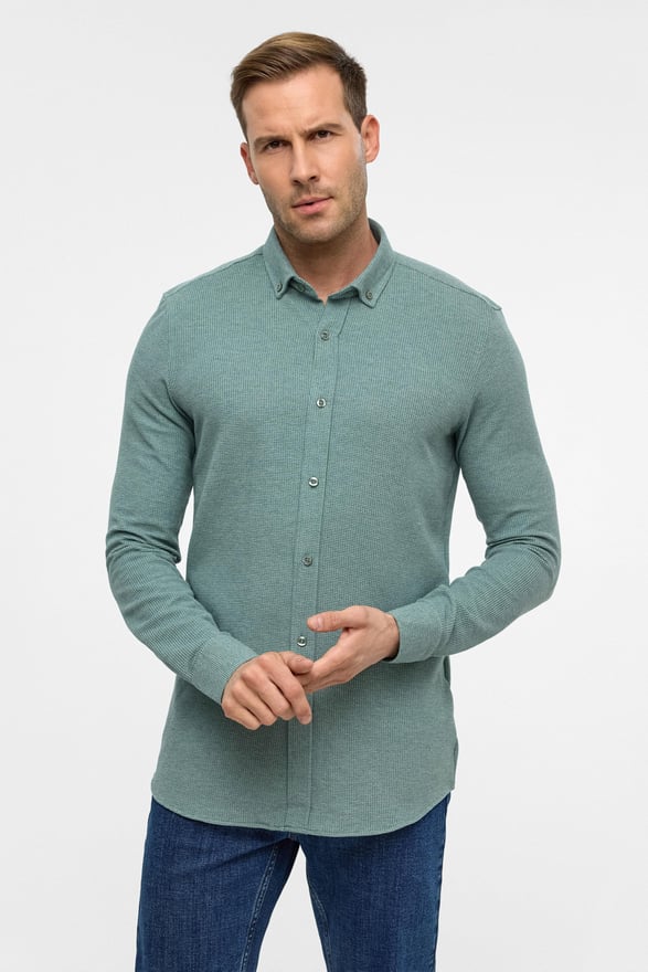 Haki Slim Armürlü Düğmeli Yaka Gömlek