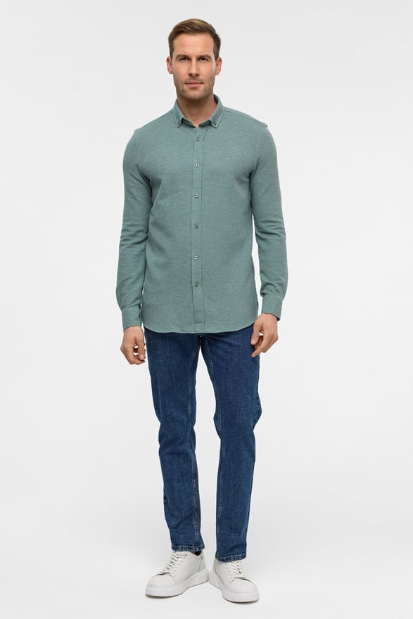 Haki Slim Armürlü Düğmeli Yaka Gömlek