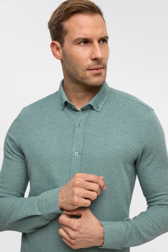 Haki Slim Armürlü Düğmeli Yaka Gömlek