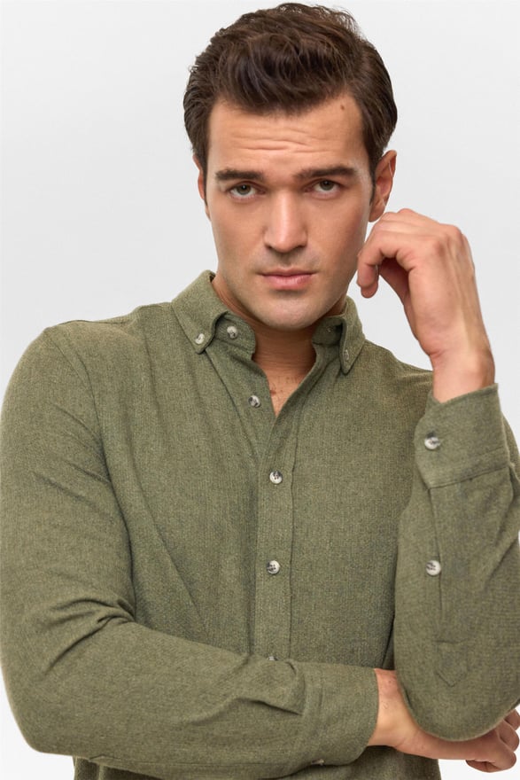 Haki Slim Düz Düğmeli Yaka Gömlek