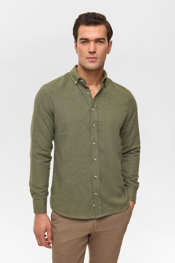 Haki Slim Düz Düğmeli Yaka Gömlek