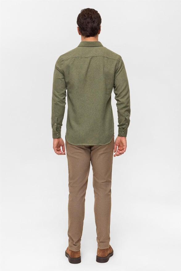 Haki Slim Düz Düğmeli Yaka Gömlek