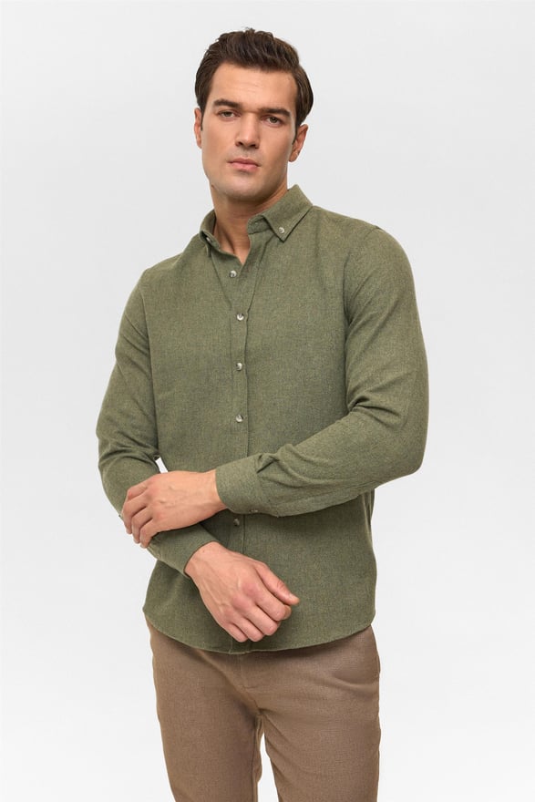 Haki Slim Düz Düğmeli Yaka Gömlek