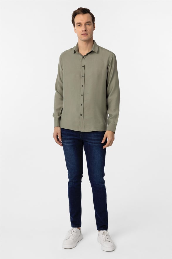 Haki Slim Düz Klasik Yaka Gömlek