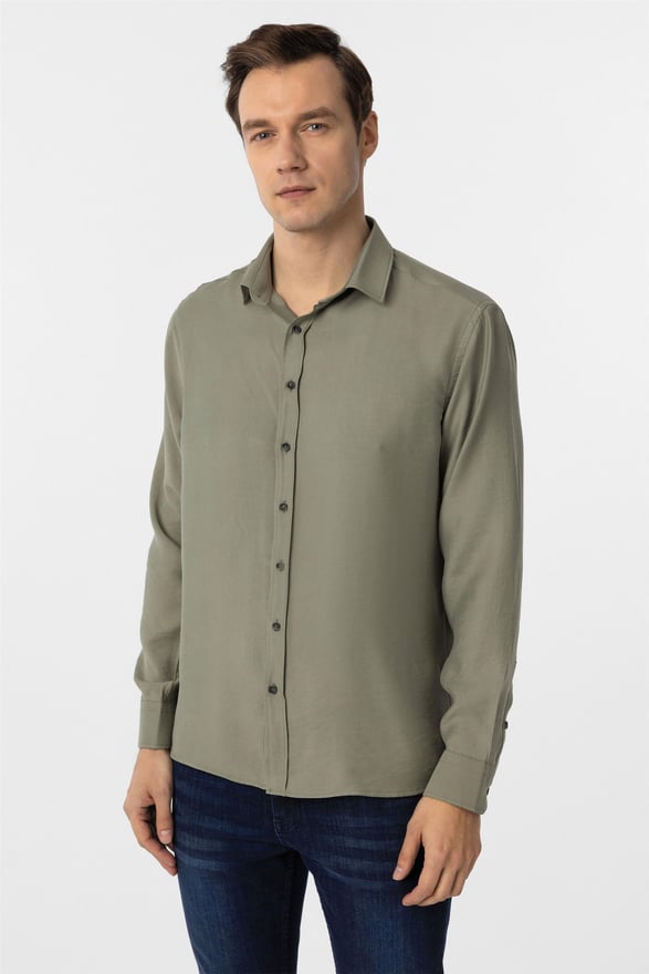 Haki Slim Düz Klasik Yaka Gömlek