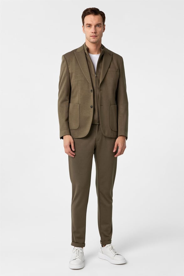 Haki Slim Düz Sivri Yaka 6 Drop Takım Elbise