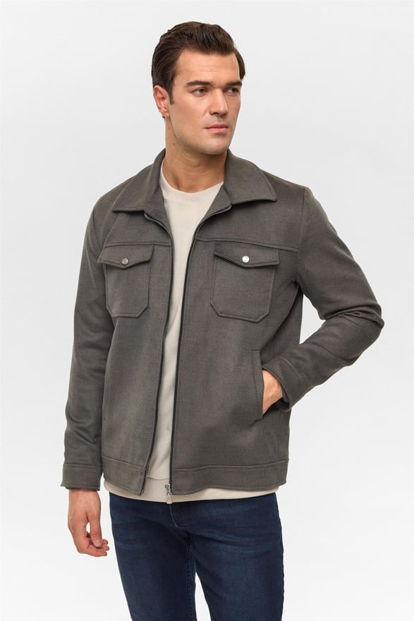 Haki Slim Düz Sivri Yaka Mont