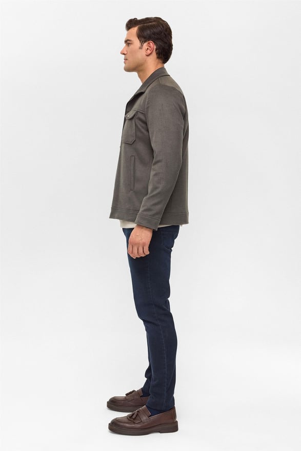 Haki Slim Düz Sivri Yaka Mont