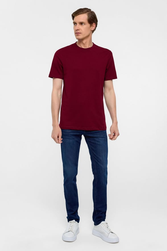 Koyu Bordo Regular Düz Bisiklet Yaka Tişört