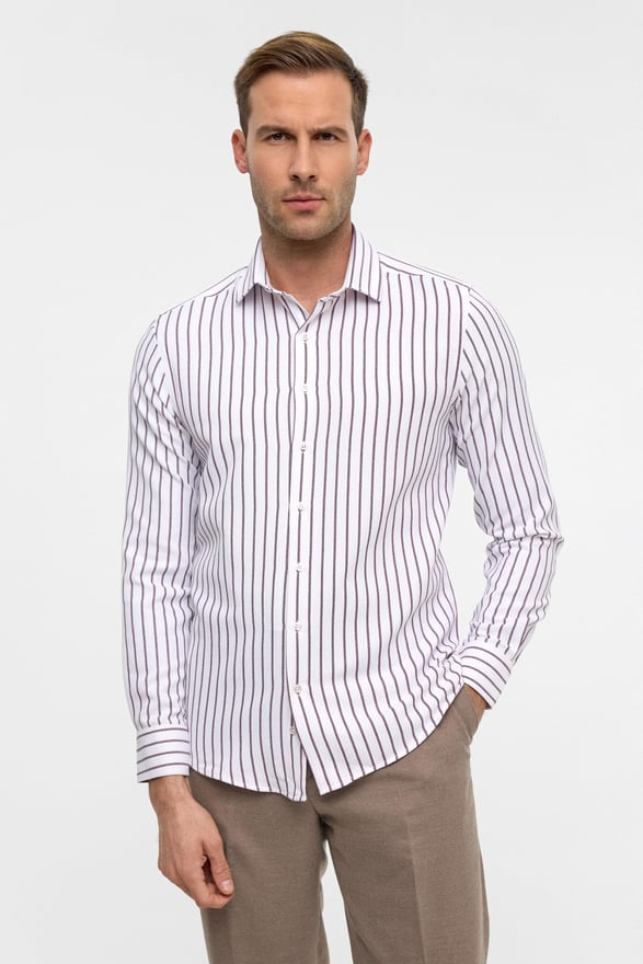 Koyu Bordo Slim Çizgili Klasik Yaka Gömlek