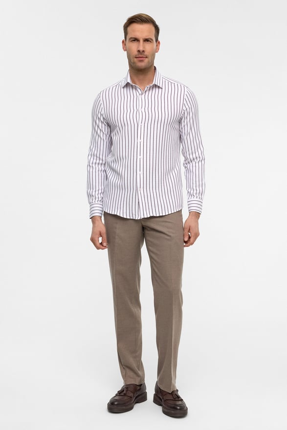 Koyu Bordo Slim Çizgili Klasik Yaka Gömlek