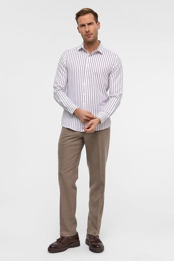 Koyu Bordo Slim Çizgili Klasik Yaka Gömlek