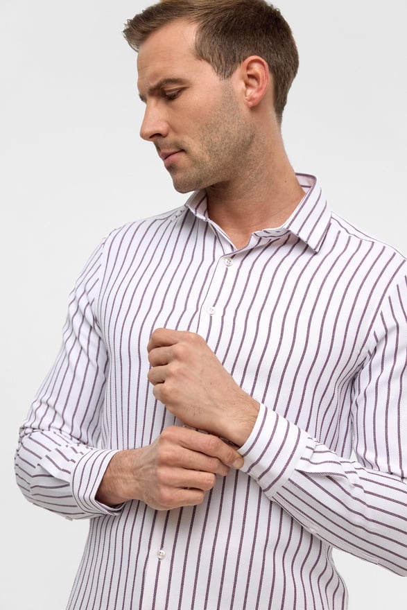 Koyu Bordo Slim Çizgili Klasik Yaka Gömlek