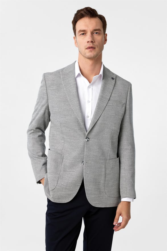 Koyu Gri Regular Desenli Sivri Yaka 6 Drop Ceket