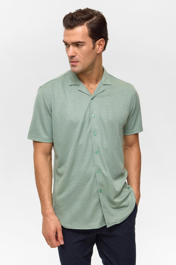 Koyu Haki Slim Desenli Apaş Yaka Gömlek