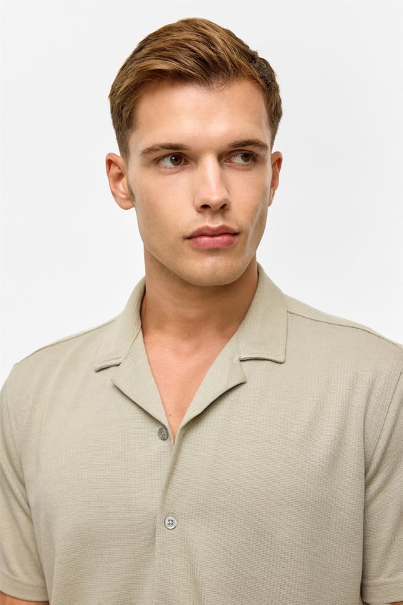 Koyu Haki Slim Fitilli Apaş Yaka Gömlek