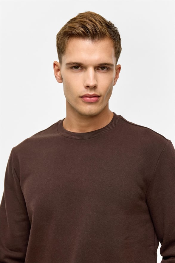 Koyu Kahve Regular Düz Bisiklet Yaka Sweatshirt
