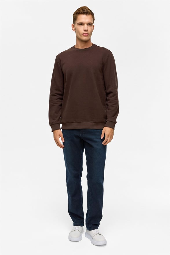 Koyu Kahve Regular Düz Bisiklet Yaka Sweatshirt